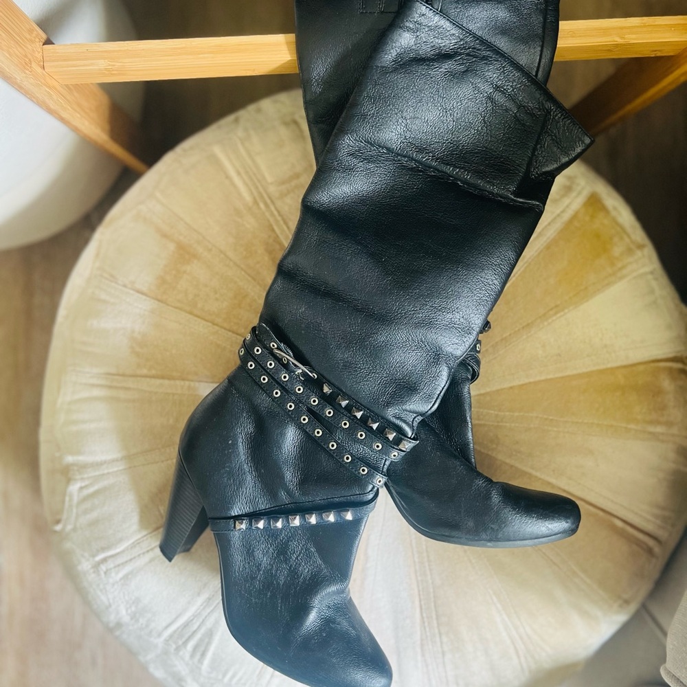 Andrea Black Leather Studded Women's Boots